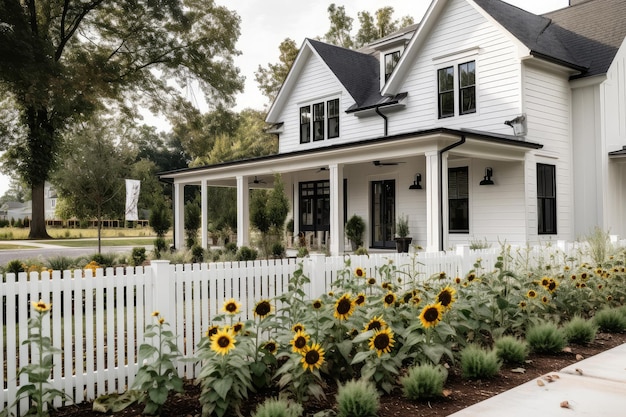 Modern farmhouse house exterior with sunflowers and picket fence created with generative ai