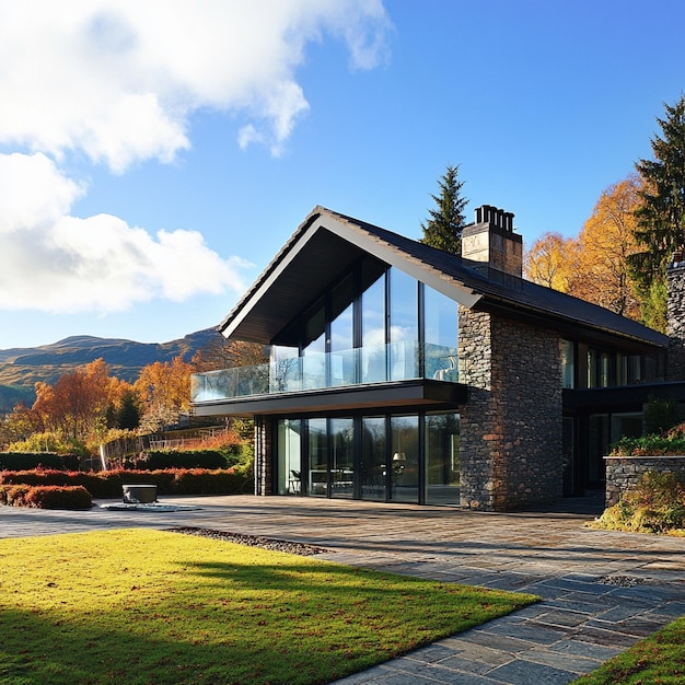 Photo modern farmhouse with mountain view