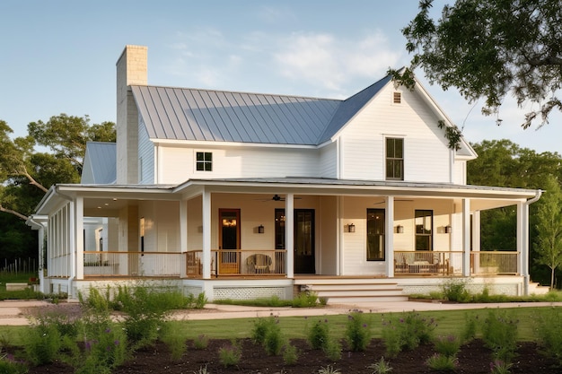 Modern farmhouse with wraparound porch and natural landscaping