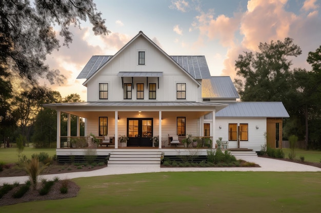 Modern farmhouse with wraparound porch and rocking chairs on the front lawn