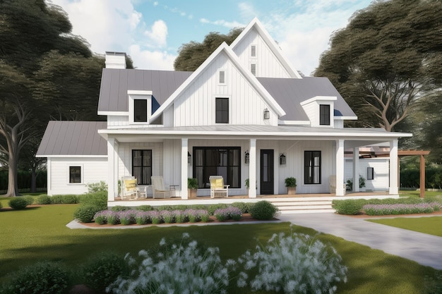 Modern farmhouse with wraparound porch and simple exterior