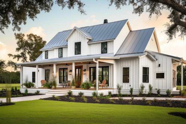 Modern farmhouse with wraparound porch and a swing on the exterior