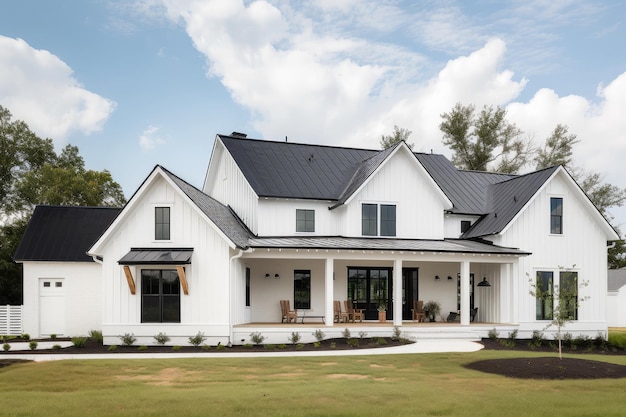 Modern farmhouse with wraparound porch and white exterior