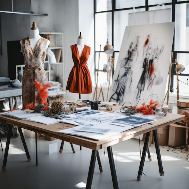 A modern fashion design studio with fashion sketches on a big white table in a very dynamic