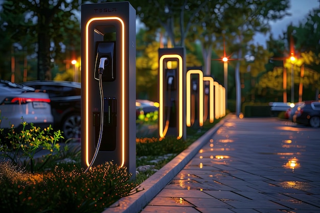 Photo modern fast electric vehicle chargers for charging cars in the park