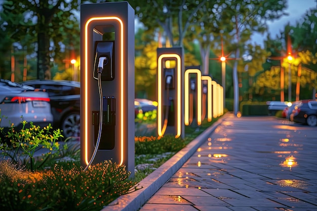 Photo modern fast electric vehicle chargers for charging cars in the park