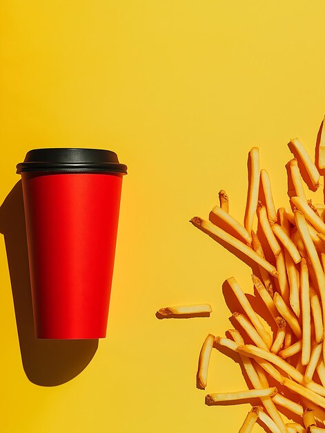 Photo modern fast food composition with fries and red cup on yellow background