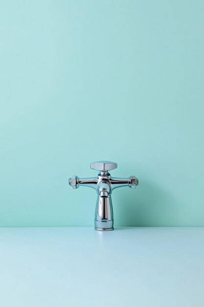 Photo modern faucet with a blue background and copy space