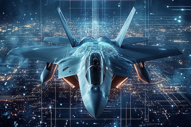 Photo modern fighter jet flying over digital city using artificial intelligence