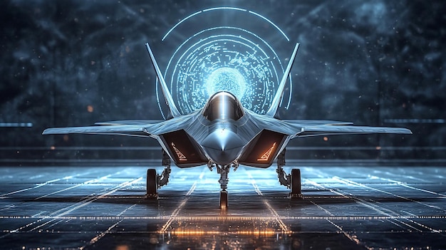 Photo modern fighter jet is getting ready for take off from futuristic runway