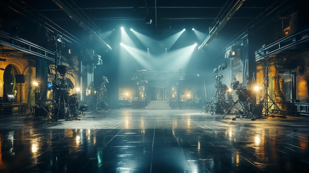 Modern film studio illuminated by strobe light