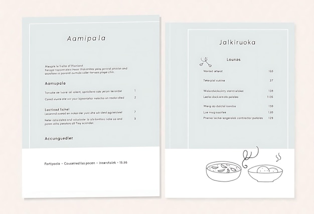 Modern Finnish Cafe Menu With Clean Lines and Cool Muted Colors Sections Include Aamupala Louna