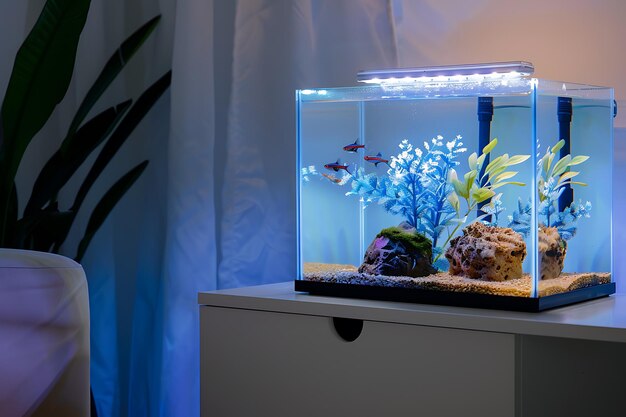 Photo modern fish tank with led light and plants on a white stand