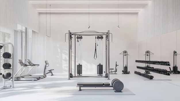 Modern Fitness Center with Weightlifting Equipment and Cardio Machines