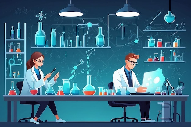 Modern flat design female and male scientist characters at work Concept design on chemistry laboratory specialists working on research and exploration Vector by masha_tace