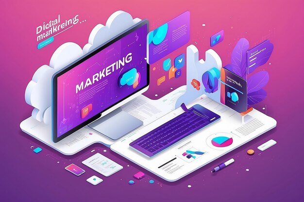 Photo modern flat design isometric concept of digital marketing for banner and website isometric landing page template business analysis content strategy and management vector illustration