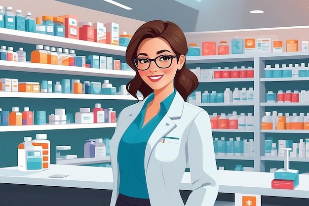 Modern flat vector illustration of smiling young attractive female pharmacist at the counter in a pharmacy opposite of shelves with medicines Health care conceptual background