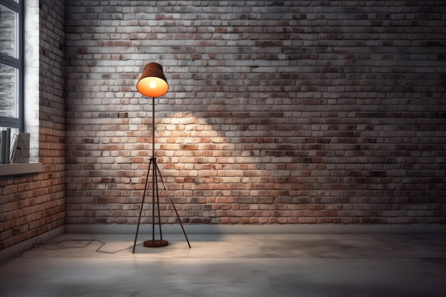 Modern floor lamp in a rustic room with a brick wall Generative AI