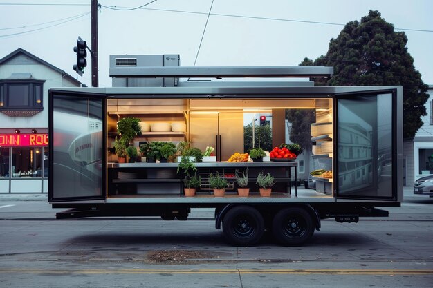 Photo a modern food truck with minimalist design is parked on the side of the road a mobile kitchen with a sleek minimalist design offering a menu of fresh and healthy fare