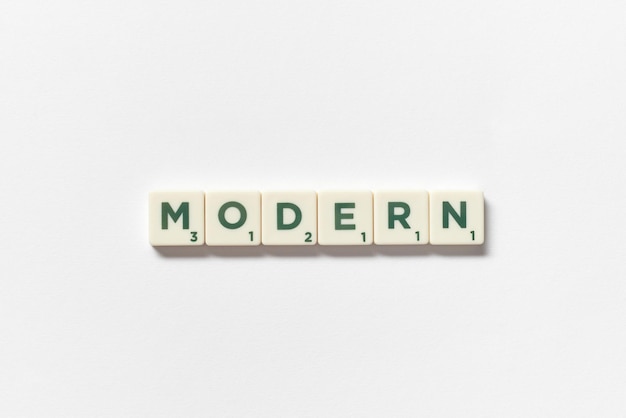 Modern formed of scrabble tiles on white background