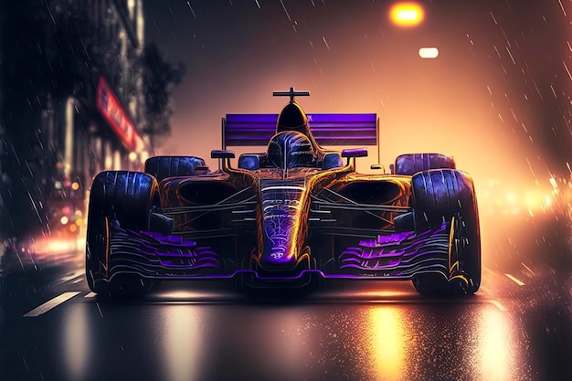 Modern formula 1 sportscar in the city at night with neon lights AIGenerated