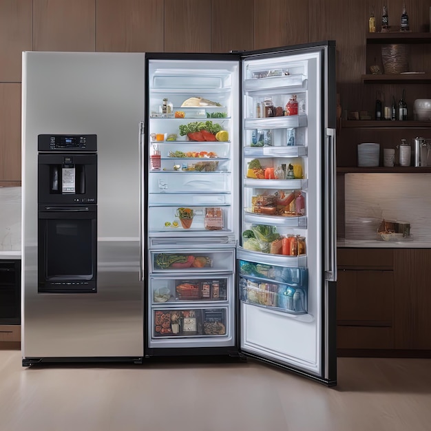 modern fridge with fresh vegetables in kitchenmodern kitchen interior with large white fridge and ve