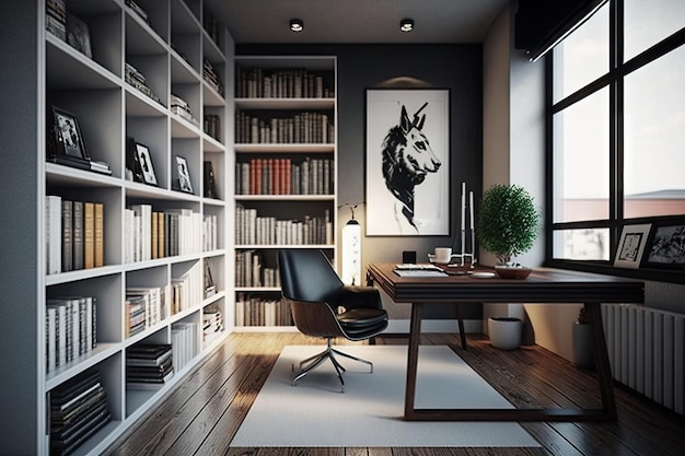 Modern and functional office with bookshelves as the focal point created with generative ai