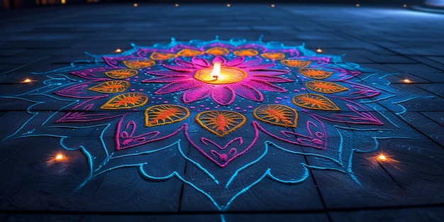 A modern fusion of traditional rangoli patterns and neon lights against a dark background