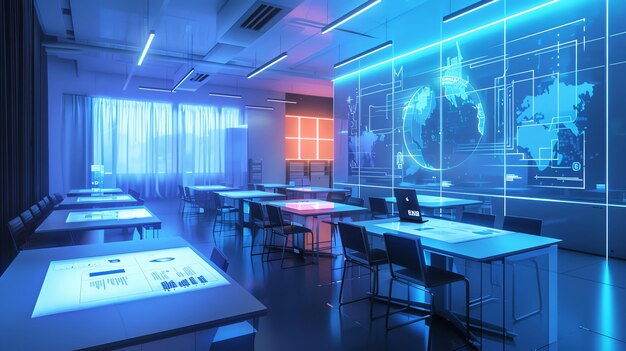 Modern futuristic classroom with blue and orange neon lights a globe projection and interactive tables