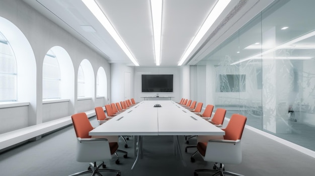 A modern futuristic conference room with a digital screen Generative AI AIG27