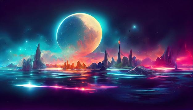 Modern futuristic fantasy night landscape with abstract islands and night sky with space galaxies Generative Ai