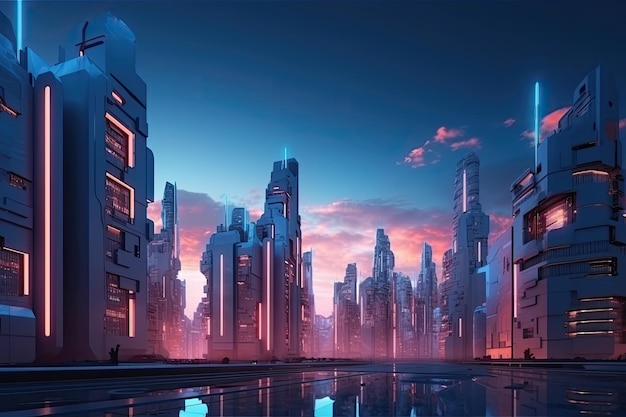 Modern futuristic glowing city with tall skyscrapers and modern technology Generative AI