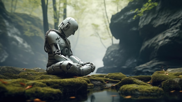 Modern futuristic human robot meditate sit and thinking background