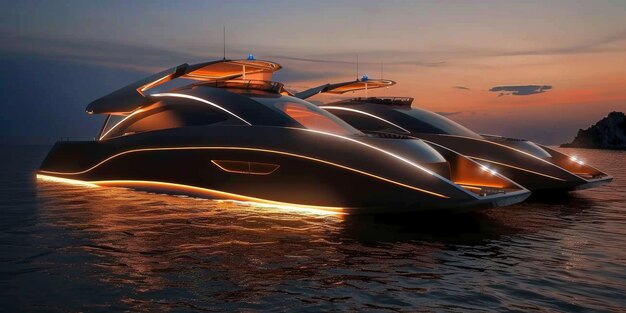 Photo a modern futuristic luxury yacht in a port at sunset showcasing the opulence and sophistication of highend marine design