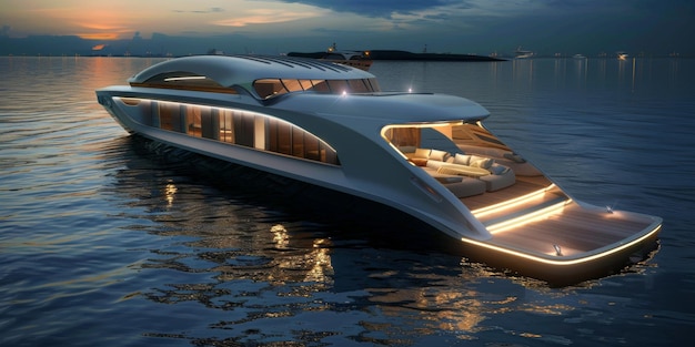 Photo a modern futuristic luxury yacht in a port at sunset showcasing the opulence and sophistication of highend marine design