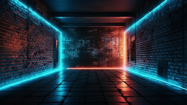 Modern futuristic neon lights on old grunge brick Al generated