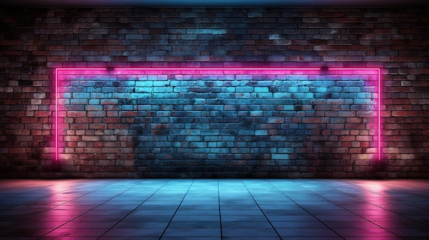 Modern futuristic neon lights on old grunge brick wall room background