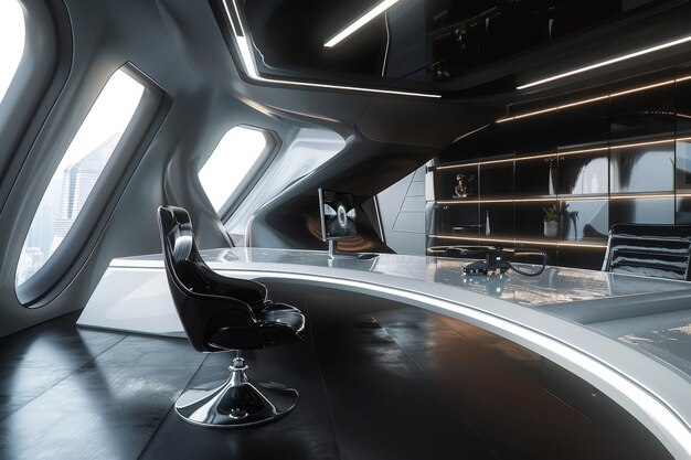 Photo a modern futuristic office featuring a sleek desk and chairs in cuttingedge design a sleek futuristic workspace with cuttingedge design elements