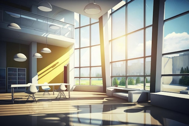 Modern and futuristic school interior with big windows on a summer day designed to enhance the learning experience Generative AI