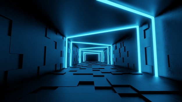 Modern futuristic sci fi background free Photo with blue neon 3D rendering.