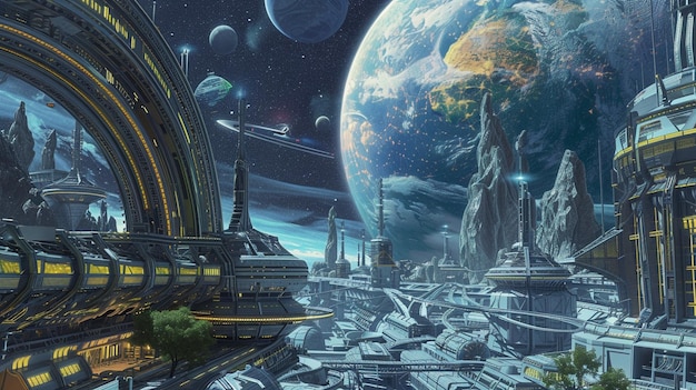 Modern Futuristic Space City with Large Blue Planet Background