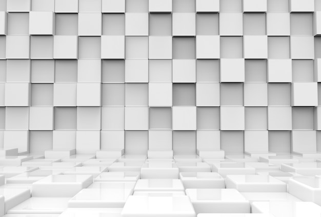 modern futuristic white square round cube boxes stack wall and floor background.