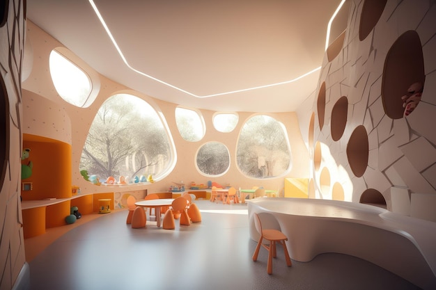 Modern futuristicstyle kindergarten interior designed to offer a cuttingedge learning environment for young children Generative AI