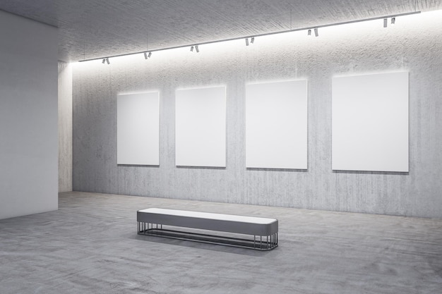 Modern gallery interior with four empty posters on gray wall and bench Performance and presentation concept Mock up 3D Rendering