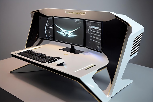 Modern gaming desk with sleek and minimalist design featuring a large monitor and keyboard