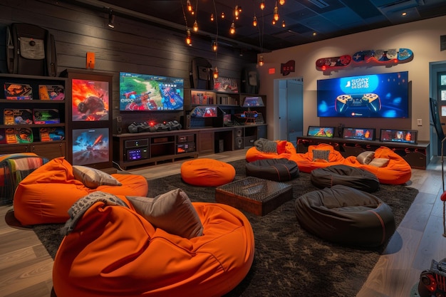 Modern Gaming Room with Orange Bean Bags and a Large Screen