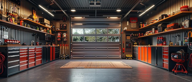 Photo modern garage interior with clean lines and organized tools