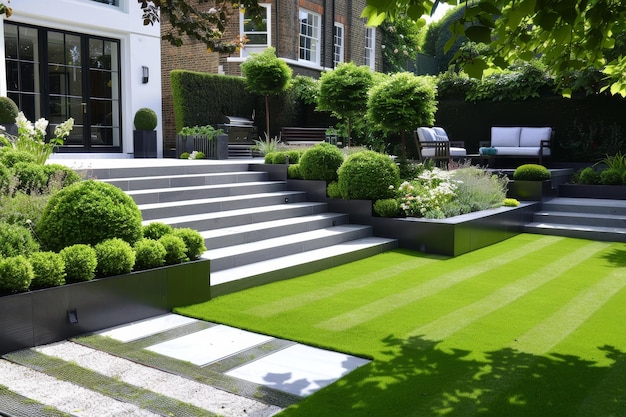 A modern garden featuring a lawn and geometric steps leading up to a house Modern garden with geometric shapes and minimalist design