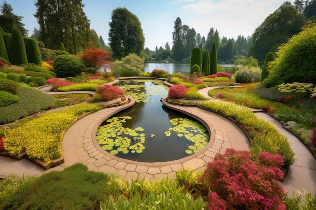 Modern garden natural and architectural harmony Flowers sculptures and a serene pond generative IA