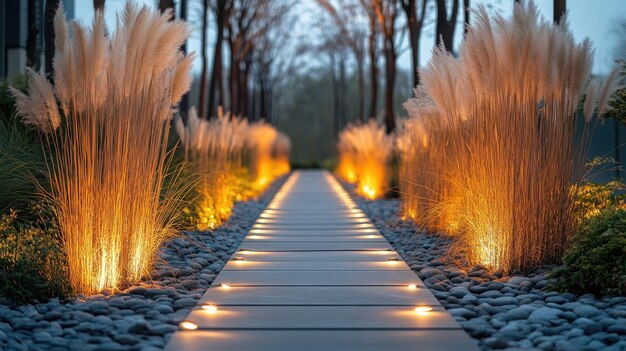 Photo modern garden path lighting up with warm light at dusk